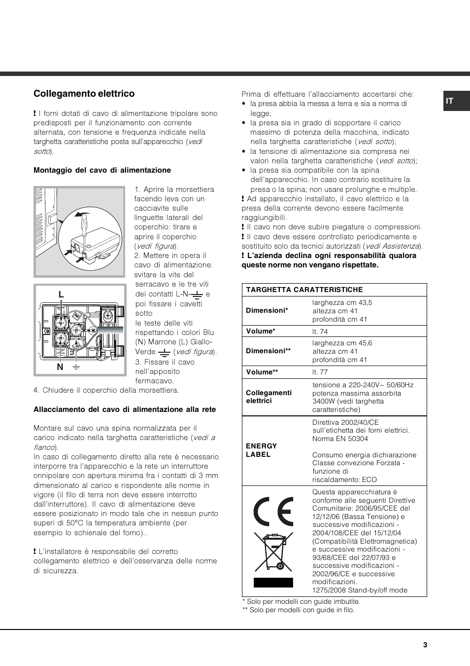 Collegamento elettrico | Hotpoint Ariston OK 1035 EL D.20 X /HA User Manual | Page 3 / 60