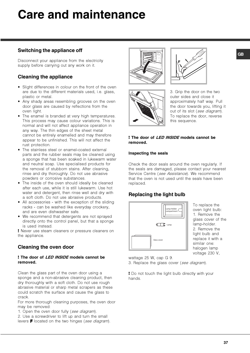 Care and maintenance, Switching the appliance off, Cleaning the appliance | Cleaning the oven door, Replacing the light bulb | Hotpoint Ariston OK 1035 EL D.20 X /HA User Manual | Page 37 / 60