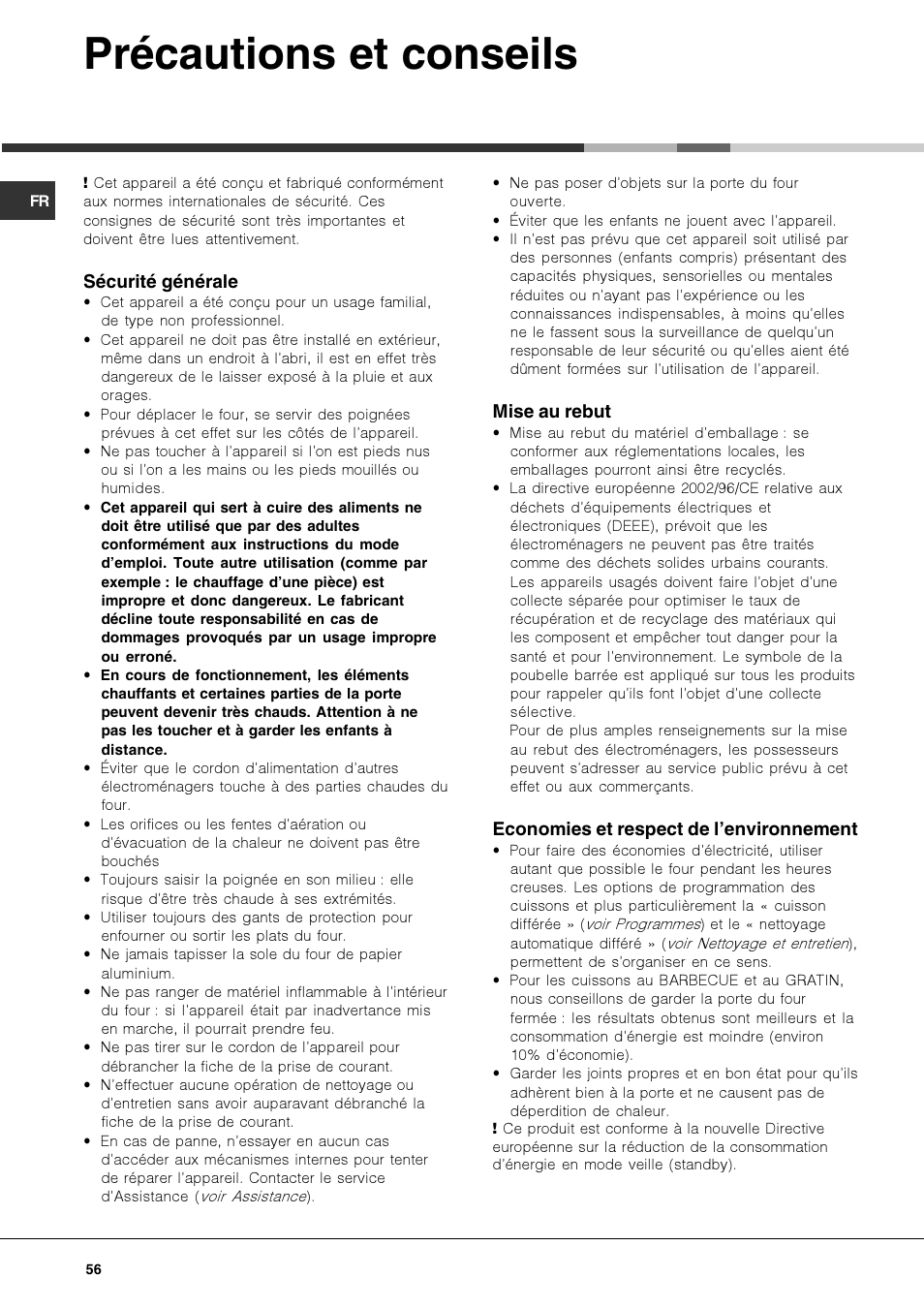 Précautions et conseils | Hotpoint Ariston OK 1035 EL D.20 X /HA User Manual | Page 56 / 60