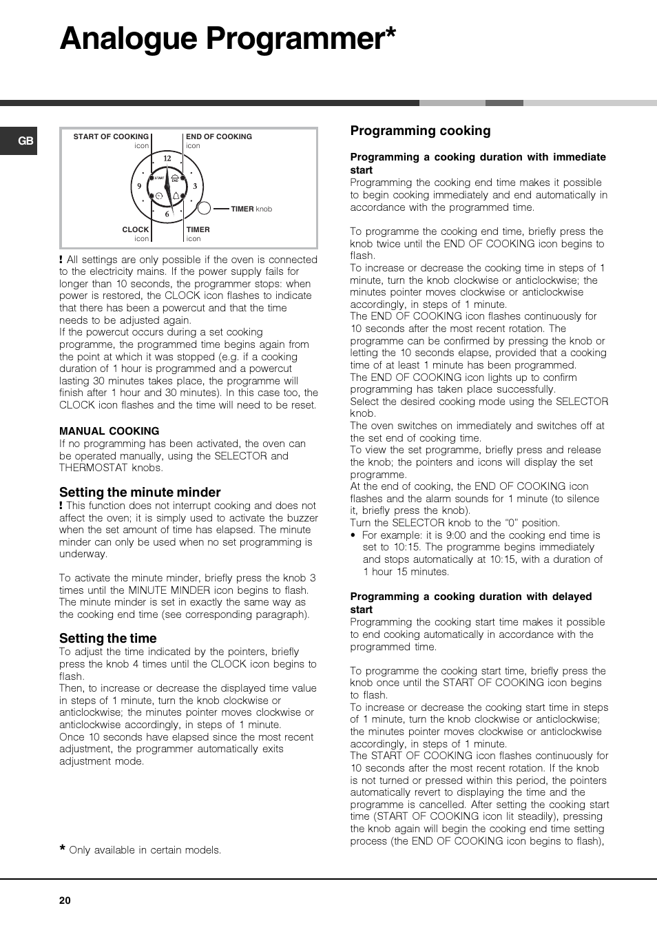 Analogue programmer, Setting the minute minder, Setting the time | Programming cooking | Hotpoint Ariston Luce FKS 610 X-HA User Manual | Page 20 / 80