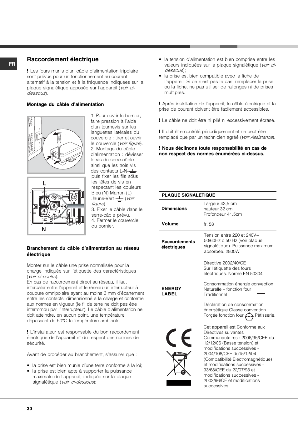 Raccordement électrique | Hotpoint Ariston Luce FKS 610 X-HA User Manual | Page 30 / 80