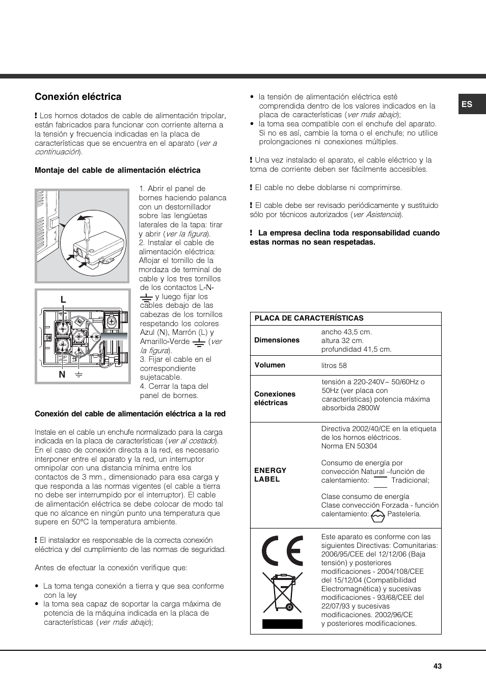 Conexión eléctrica | Hotpoint Ariston Luce FKS 610 X-HA User Manual | Page 43 / 80