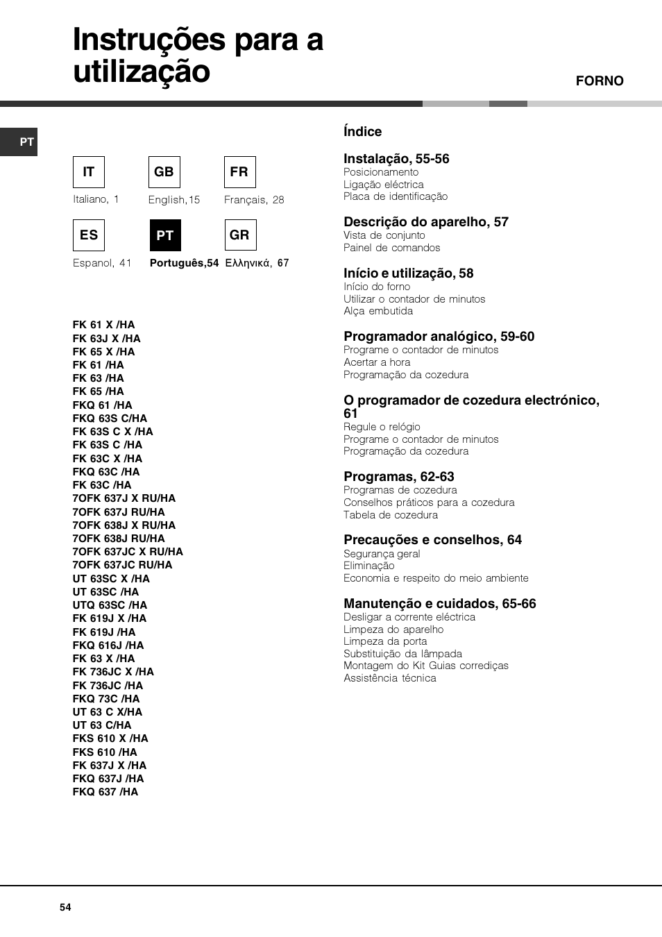 Instruções para a utilização | Hotpoint Ariston Luce FKS 610 X-HA User Manual | Page 54 / 80