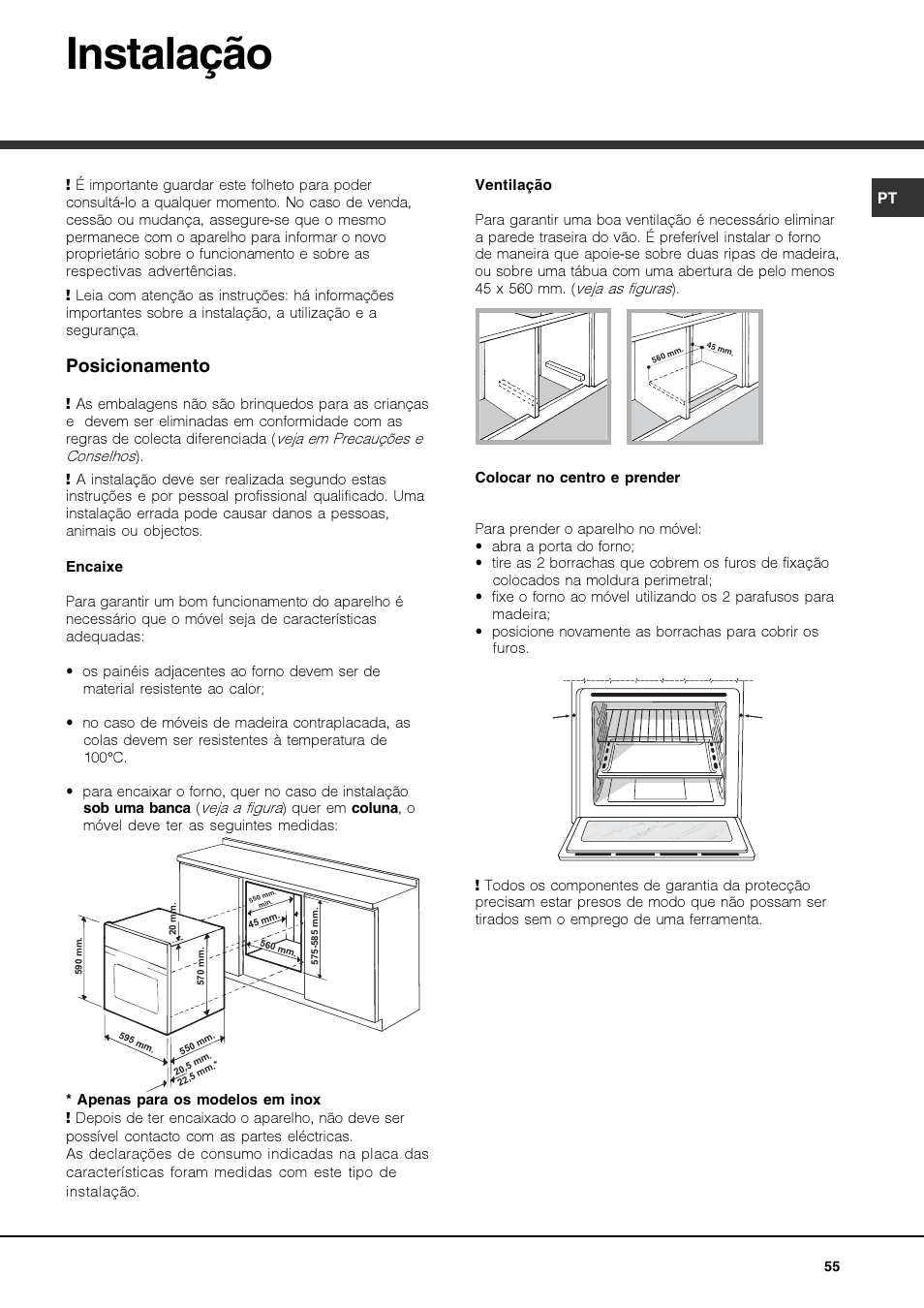 Instalação, Posicionamento | Hotpoint Ariston Luce FKS 610 X-HA User Manual | Page 55 / 80