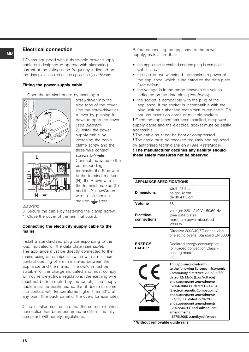 Electrical connection | Hotpoint Ariston Luce FK 103E.20 X-HA User Manual | Page 18 / 76