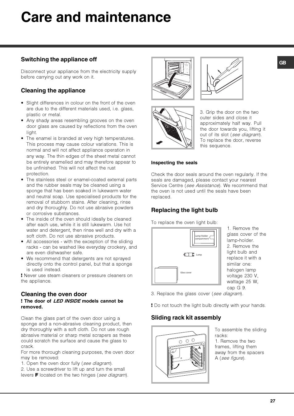 Care and maintenance, Switching the appliance off, Cleaning the appliance | Cleaning the oven door, Replacing the light bulb, Sliding rack kit assembly | Hotpoint Ariston Luce FK 103E.20 X-HA User Manual | Page 27 / 76