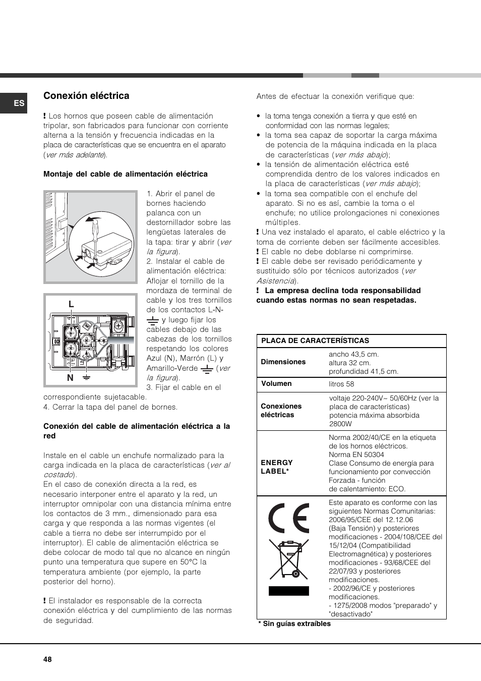 Conexión eléctrica | Hotpoint Ariston Luce FK 103E.20 X-HA User Manual | Page 48 / 76