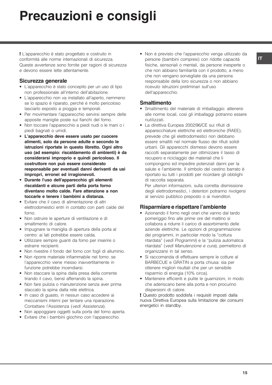 Precauzioni e consigli | Hotpoint Ariston Luce FK 1041L P.20 X-HA User Manual | Page 15 / 80