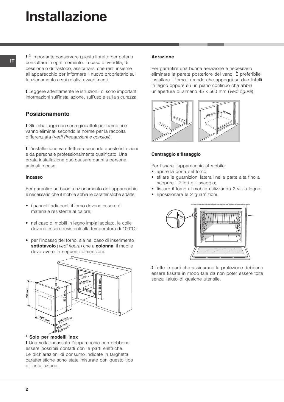 Installazione, Posizionamento | Hotpoint Ariston Luce FK 1041L P.20 X-HA User Manual | Page 2 / 80