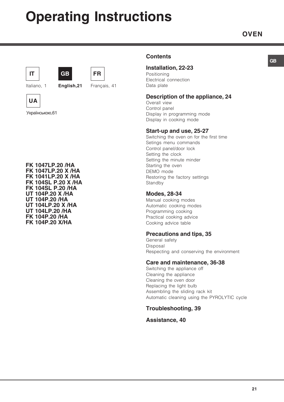 085905gb, Operating instructions, Oven | Hotpoint Ariston Luce FK 1041L P.20 X-HA User Manual | Page 21 / 80