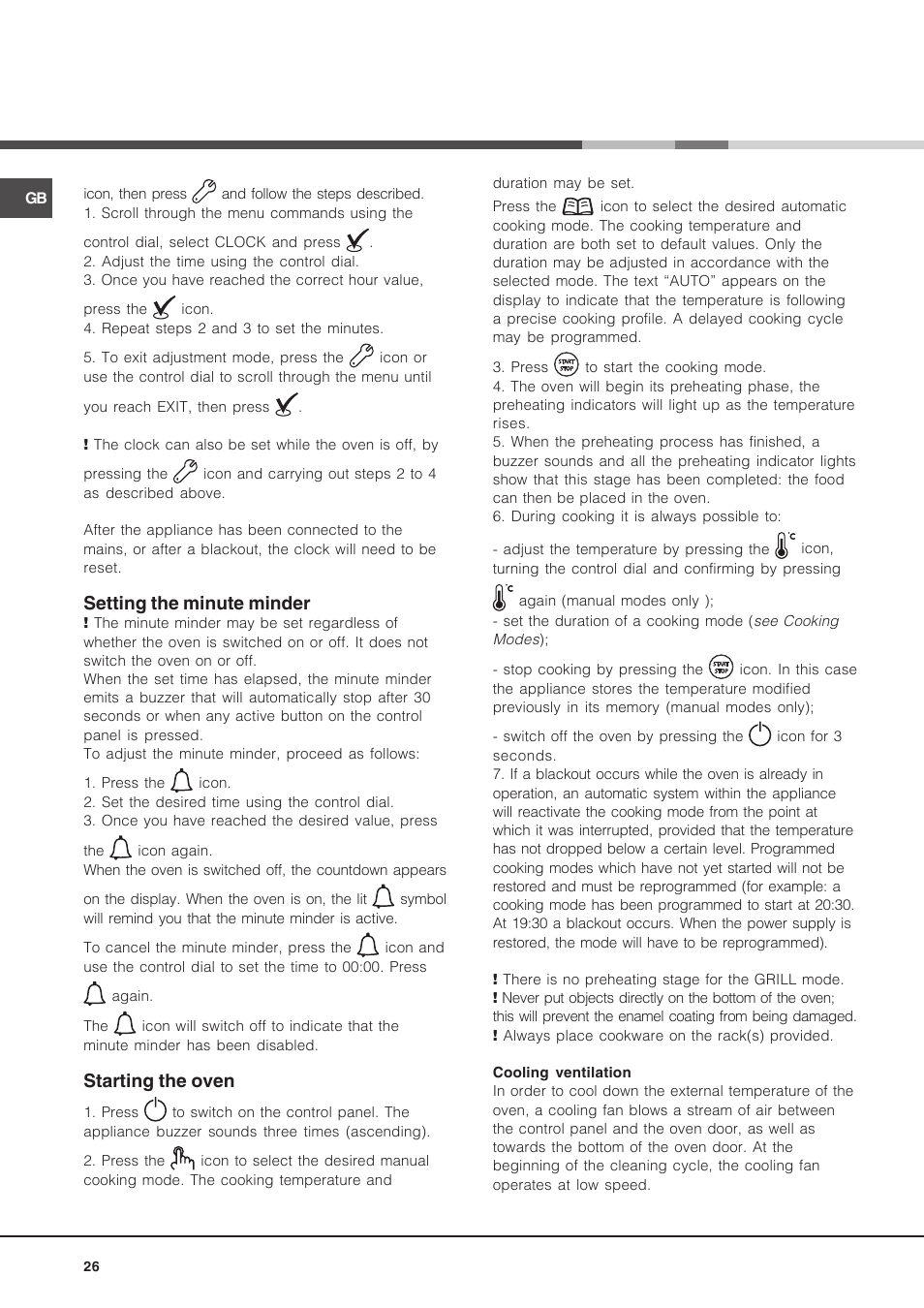 Setting the minute minder, Starting the oven | Hotpoint Ariston Luce FK 1041L P.20 X-HA User Manual | Page 26 / 80