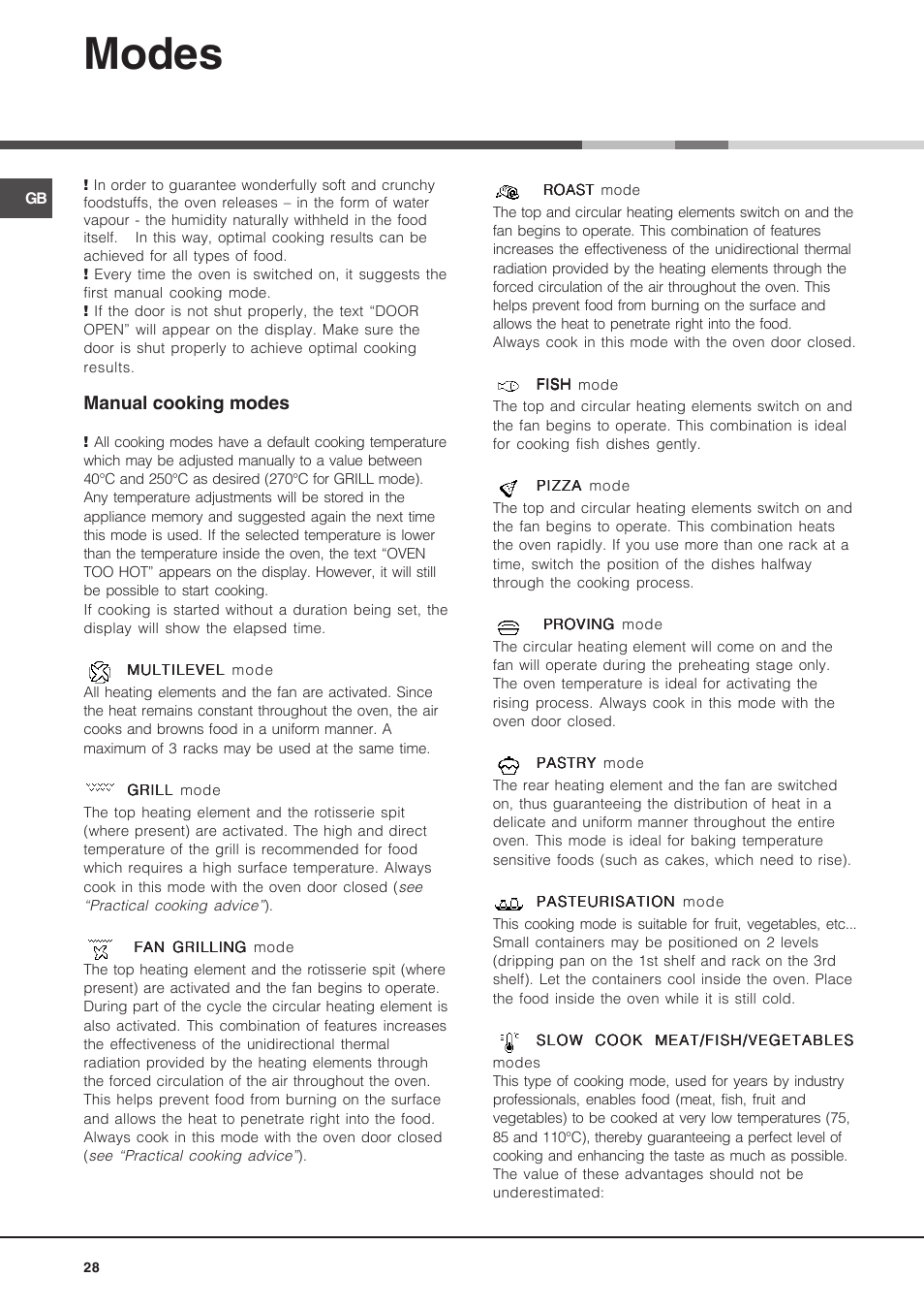 Modes, Manual cooking modes | Hotpoint Ariston Luce FK 1041L P.20 X-HA User Manual | Page 28 / 80