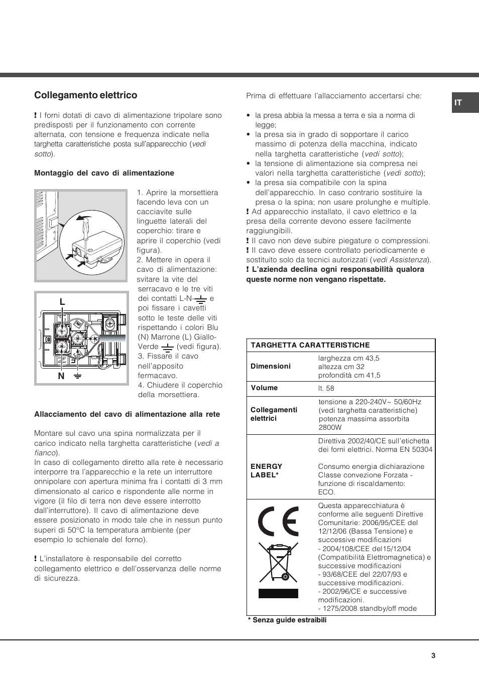 Collegamento elettrico | Hotpoint Ariston Luce FK 1041L P.20 X-HA User Manual | Page 3 / 80