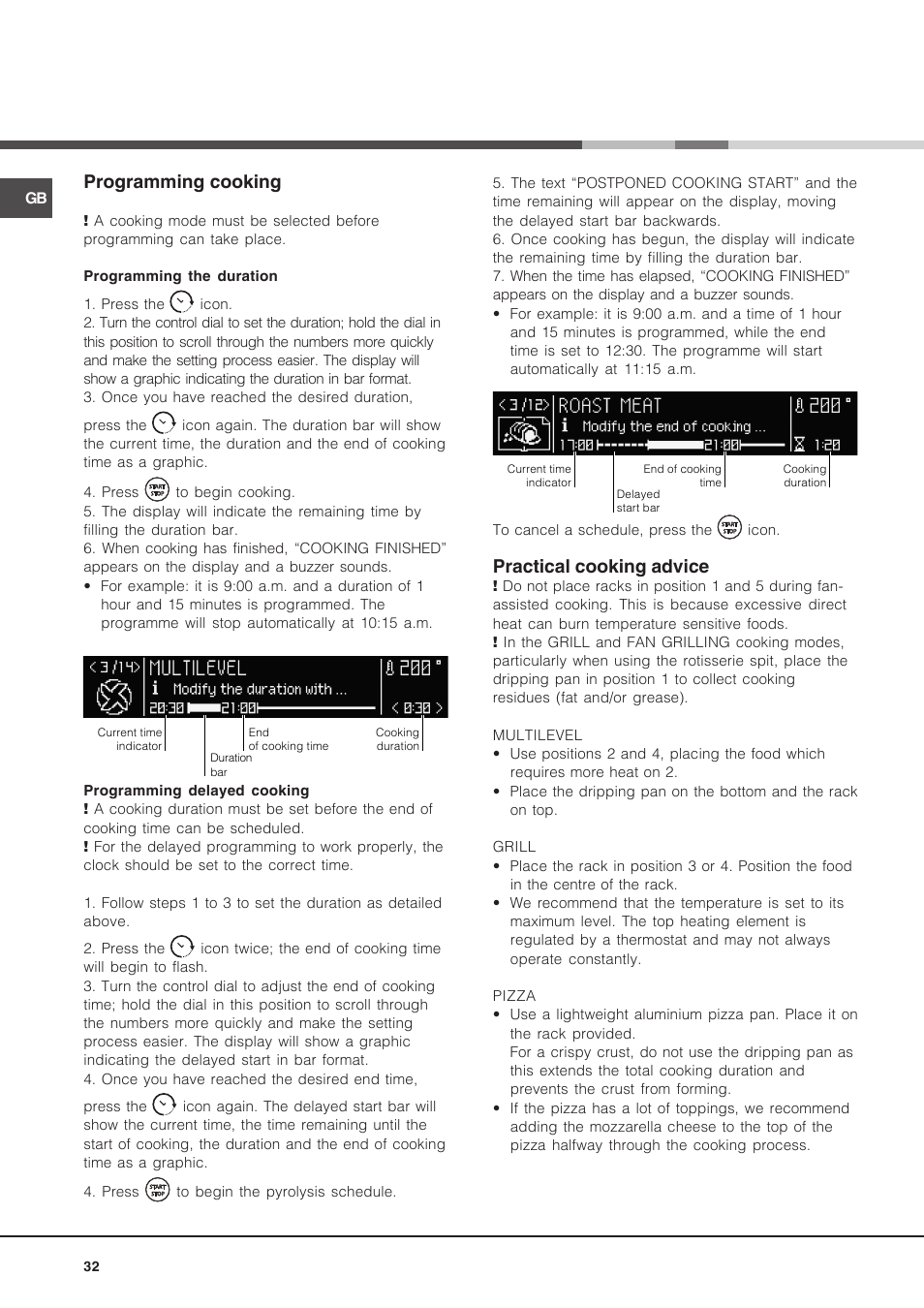 Programming cooking, Practical cooking advice | Hotpoint Ariston Luce FK 1041L P.20 X-HA User Manual | Page 32 / 80