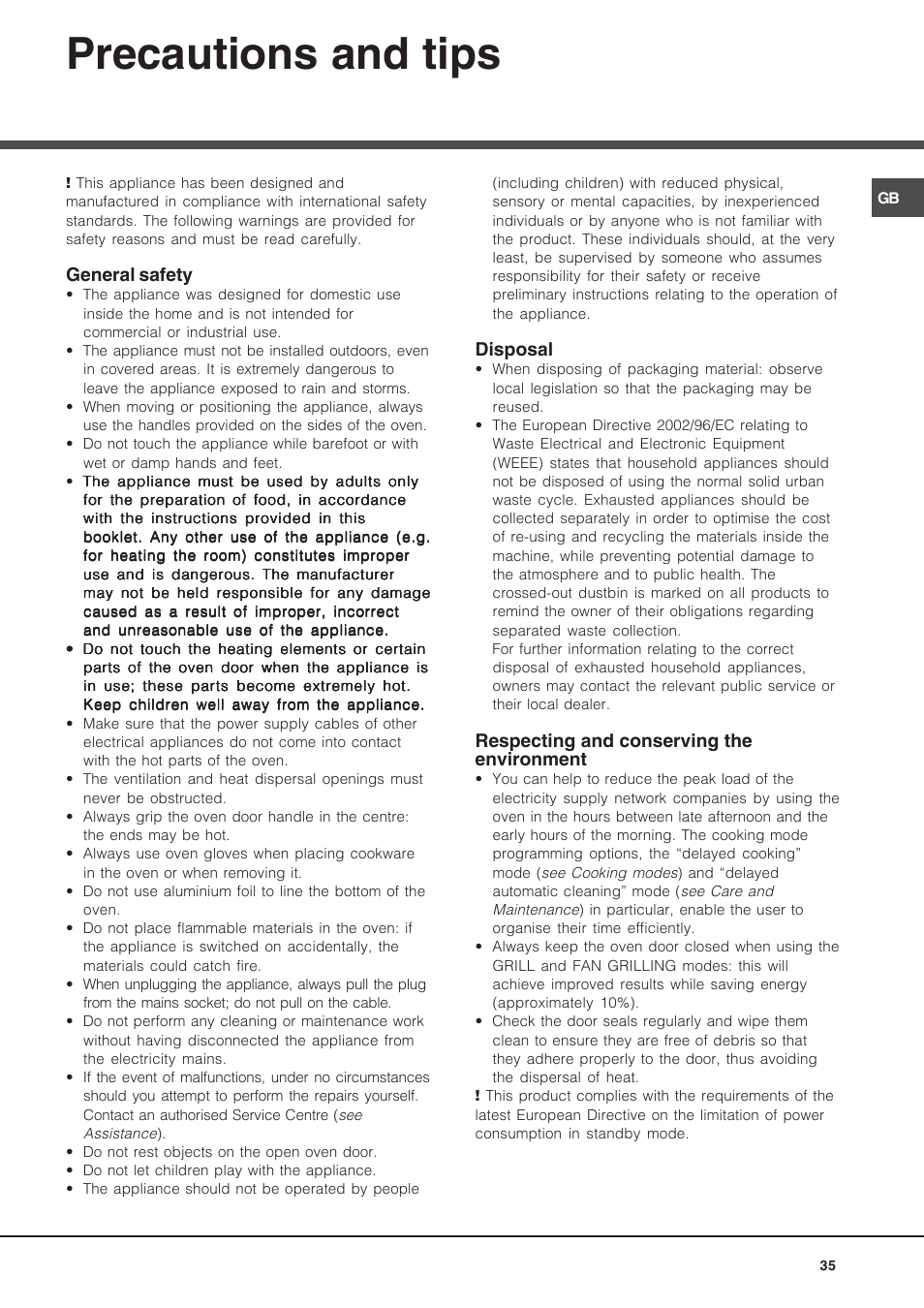 Precautions and tips, General safety, Disposal | Respecting and conserving the environment | Hotpoint Ariston Luce FK 1041L P.20 X-HA User Manual | Page 35 / 80