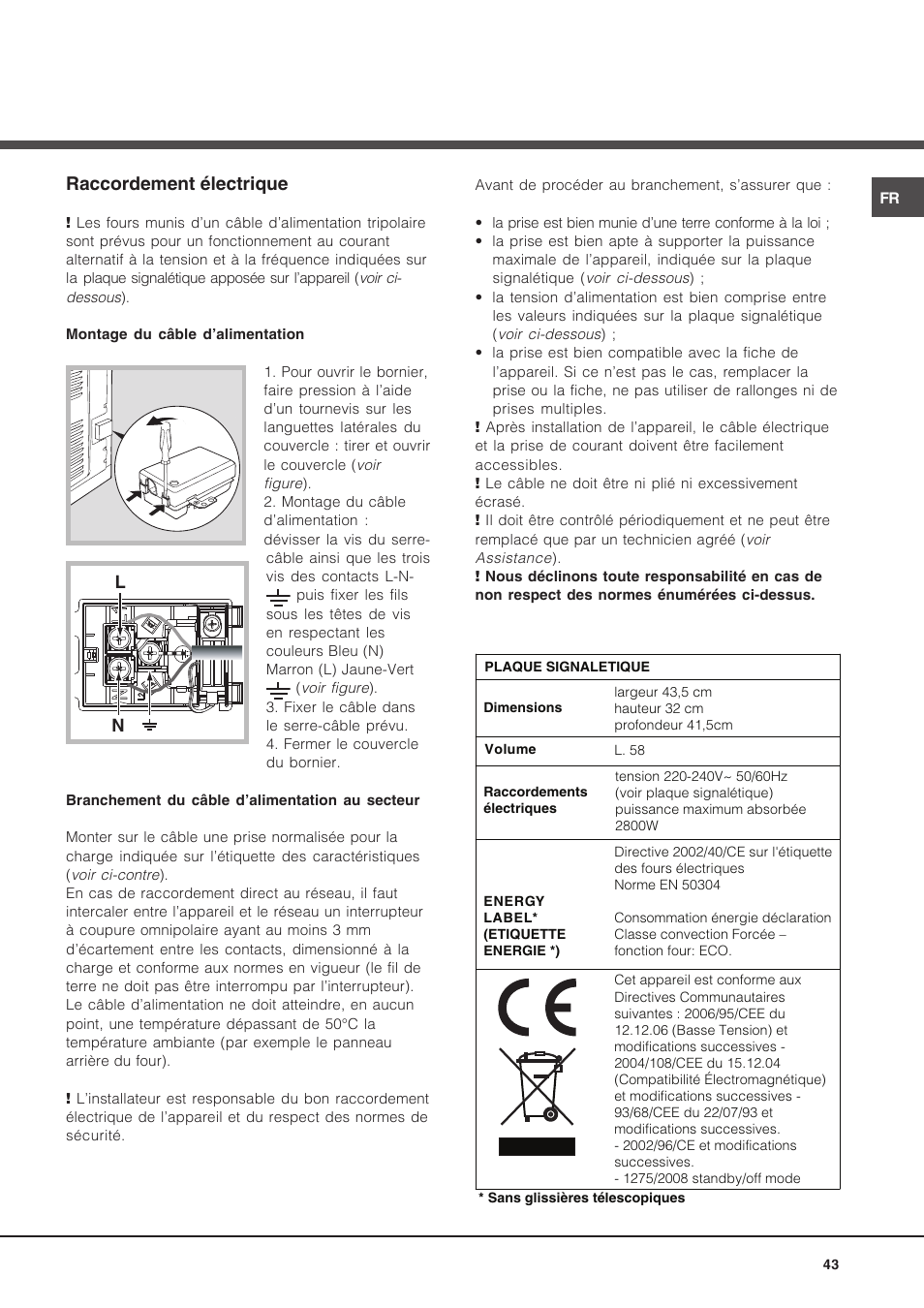 Raccordement électrique | Hotpoint Ariston Luce FK 1041L P.20 X-HA User Manual | Page 43 / 80