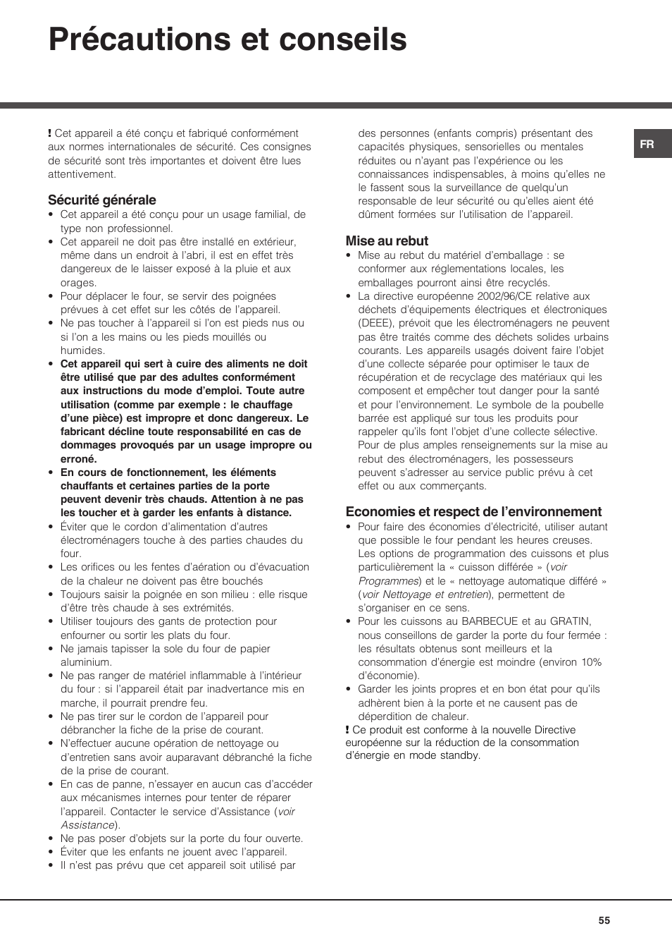 Précautions et conseils | Hotpoint Ariston Luce FK 1041L P.20 X-HA User Manual | Page 55 / 80