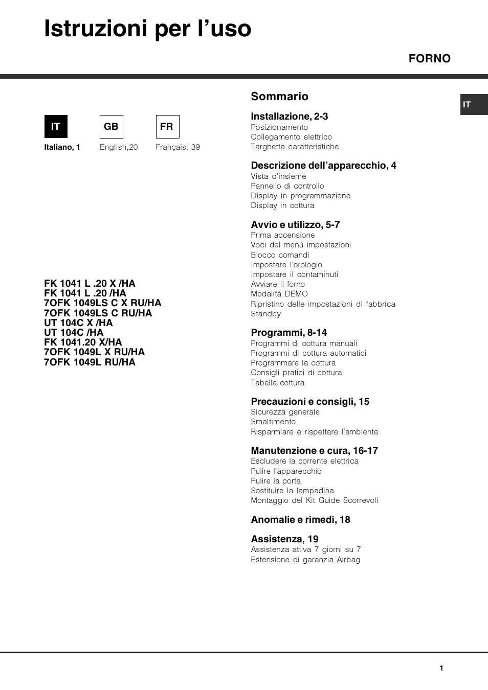 Hotpoint Ariston Luce FK 1041.20 X-HA User Manual | 60 pages