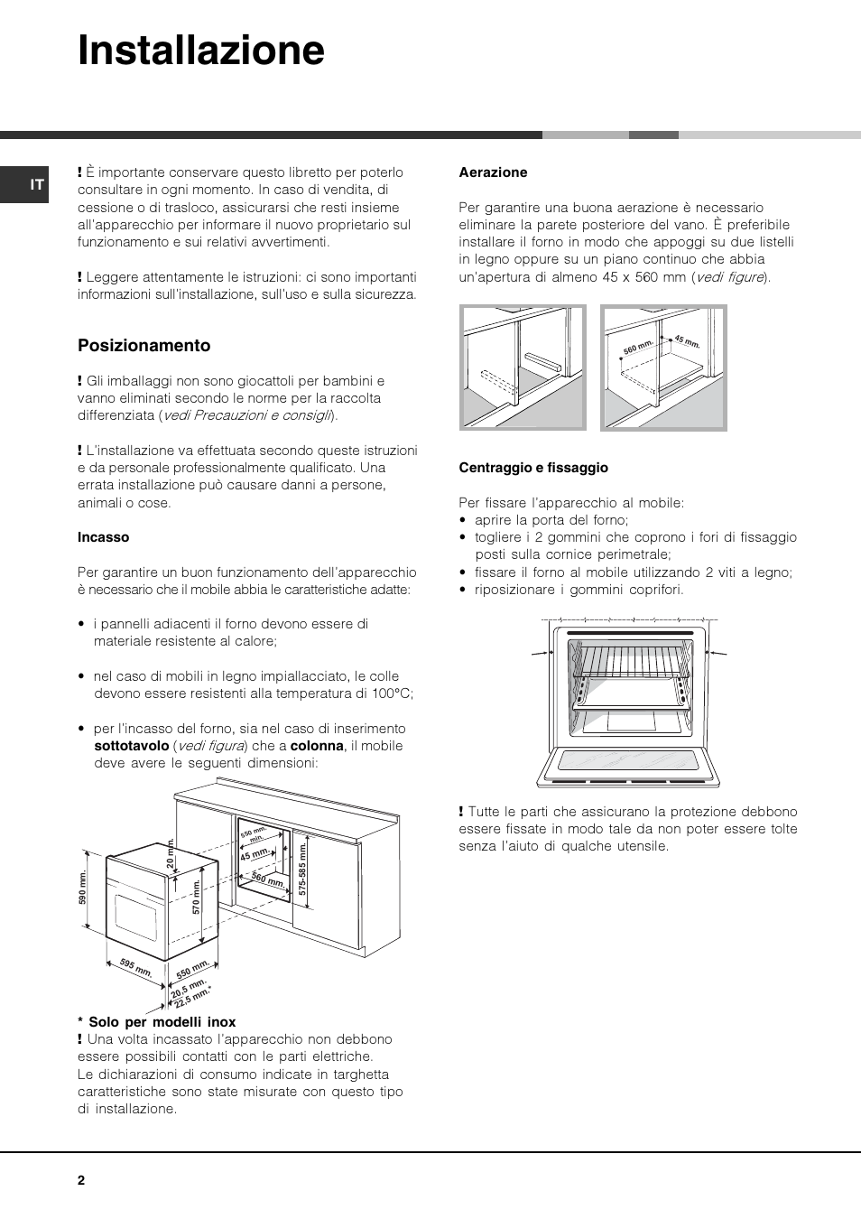 Installazione, Posizionamento | Hotpoint Ariston Luce FK 1041.20 X-HA User Manual | Page 2 / 60