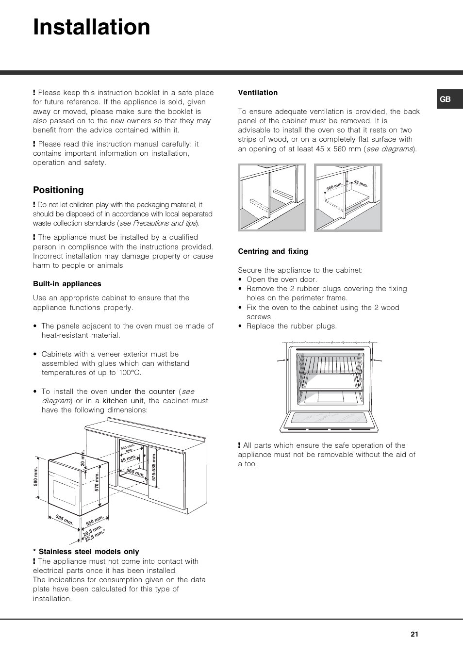 Installation, Positioning | Hotpoint Ariston Luce FK 1041.20 X-HA User Manual | Page 21 / 60