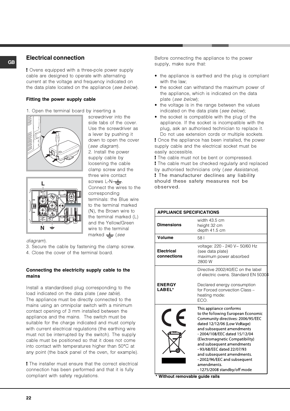 Electrical connection | Hotpoint Ariston Luce FK 1041.20 X-HA User Manual | Page 22 / 60