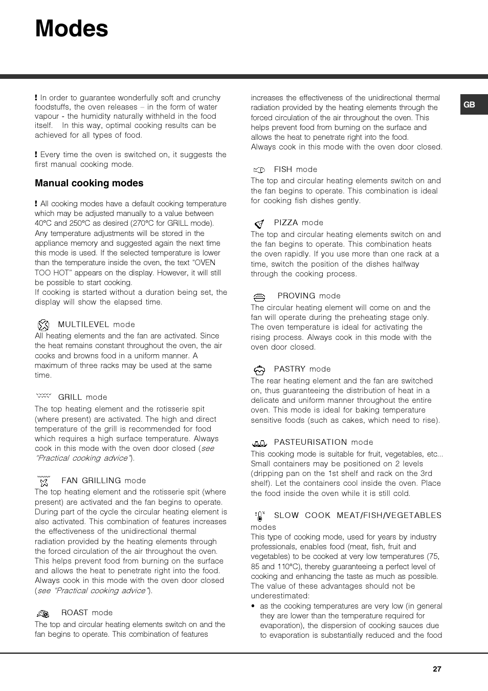 Modes | Hotpoint Ariston Luce FK 1041.20 X-HA User Manual | Page 27 / 60