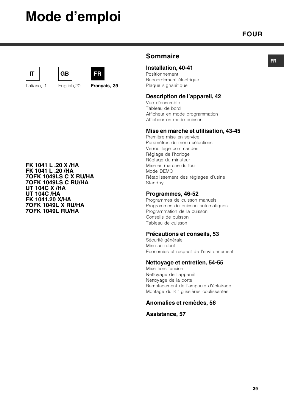 Mode d’emploi, Four, Sommaire | Hotpoint Ariston Luce FK 1041.20 X-HA User Manual | Page 39 / 60