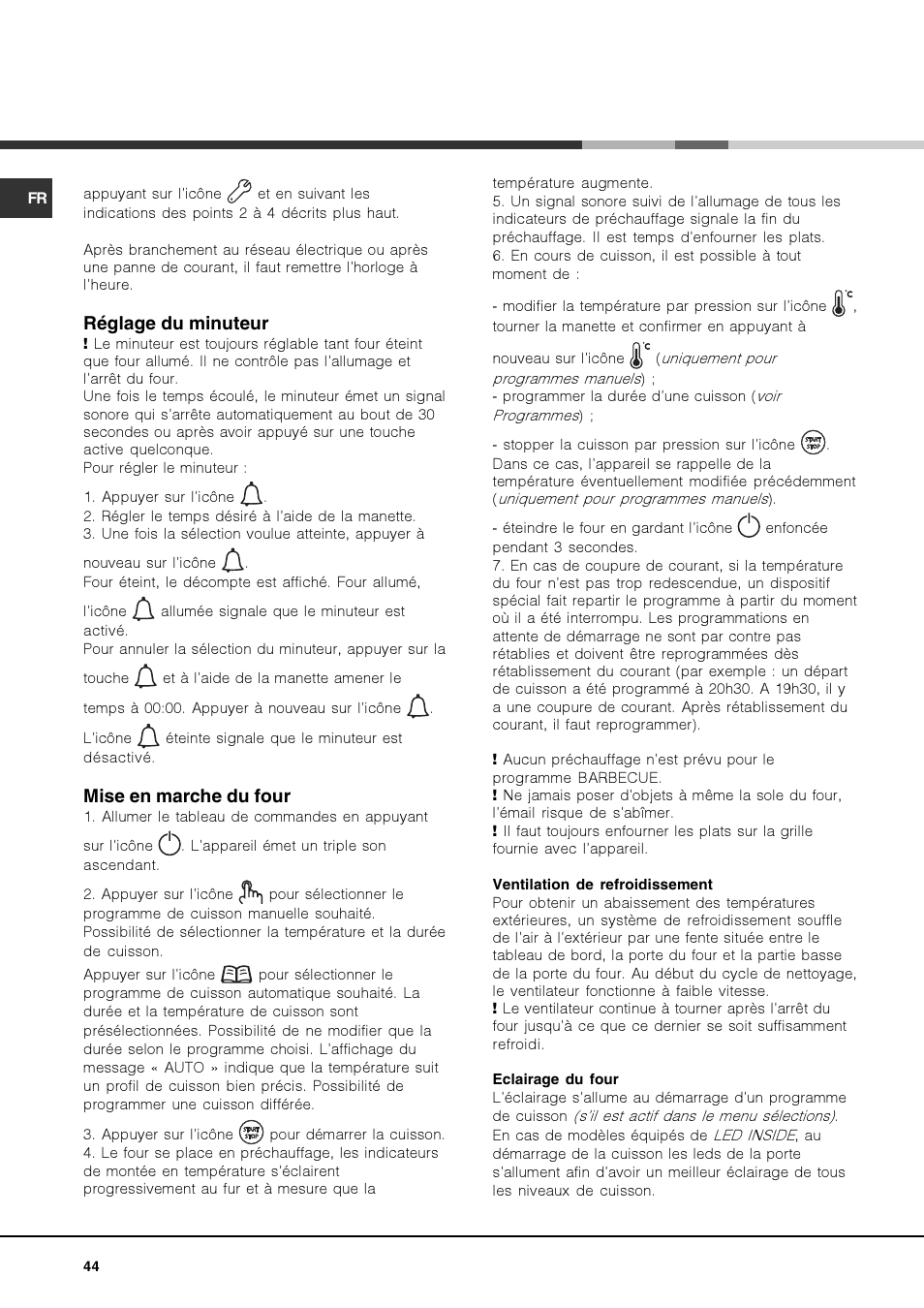 Réglage du minuteur, Mise en marche du four | Hotpoint Ariston Luce FK 1041.20 X-HA User Manual | Page 44 / 60