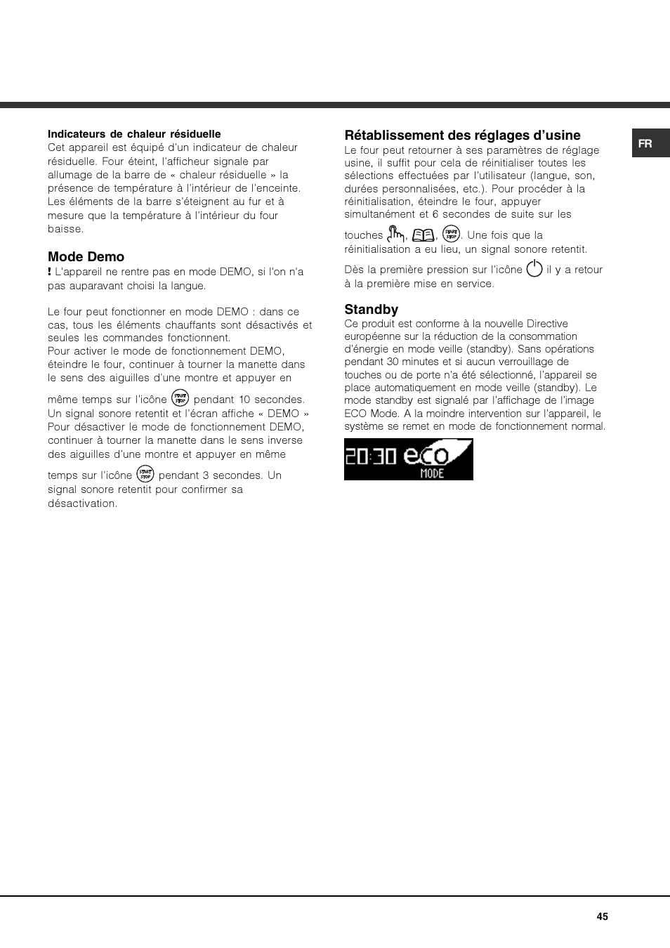 Mode demo, Rétablissement des réglages d’usine, Standby | Hotpoint Ariston Luce FK 1041.20 X-HA User Manual | Page 45 / 60