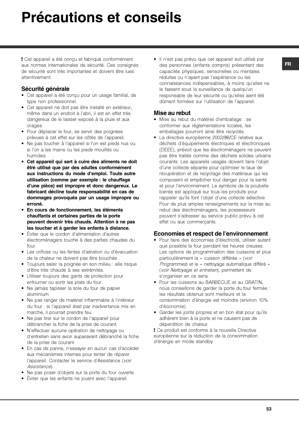 Précautions et conseils | Hotpoint Ariston Luce FK 1041.20 X-HA User Manual | Page 53 / 60