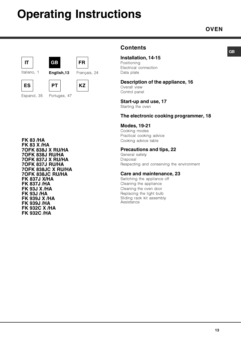 Hotpoint Ariston Luce FK 83 X-HA User Manual | Page 13 / 72