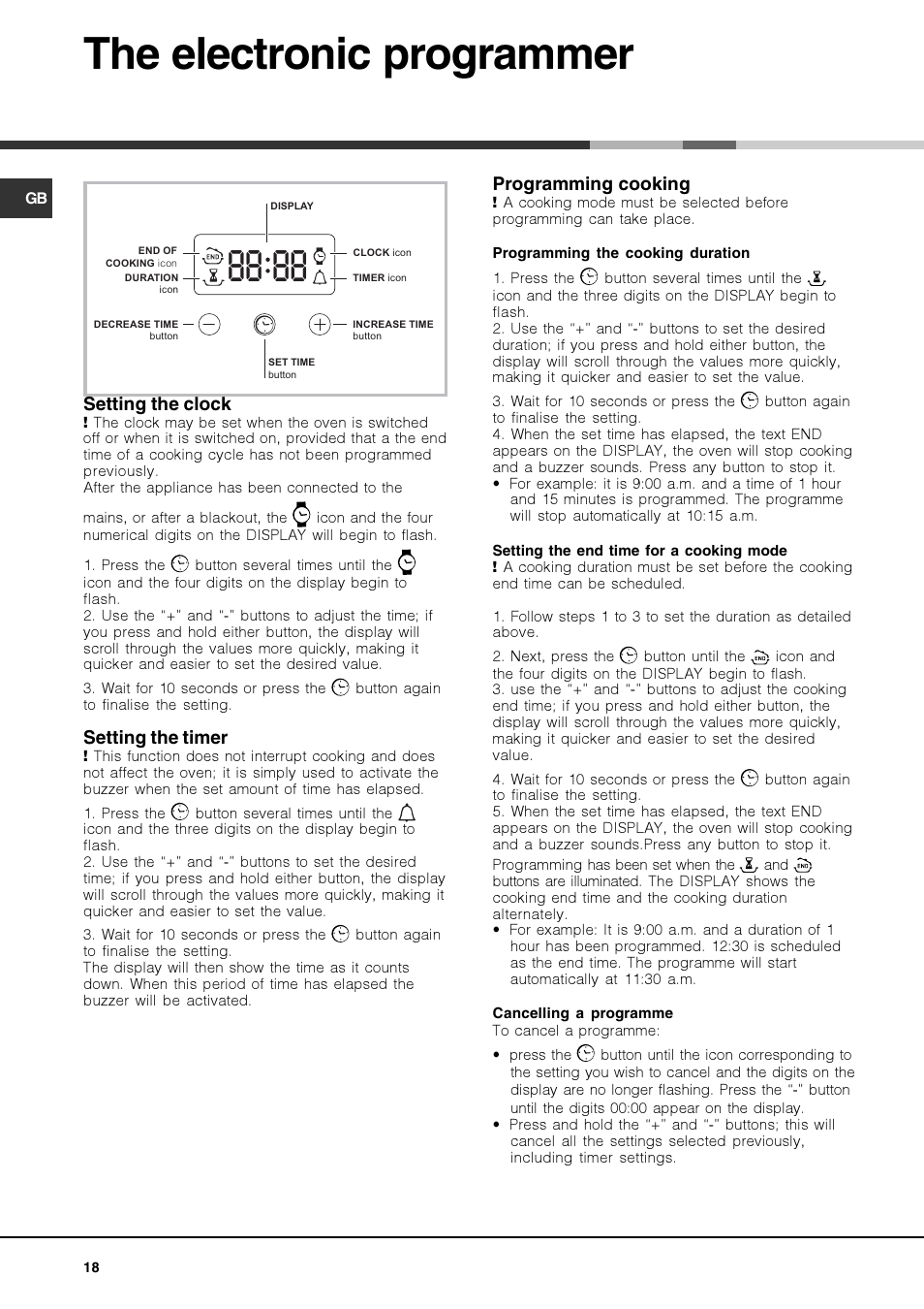 The electronic programmer, Setting the clock, Setting the timer | Programming cooking | Hotpoint Ariston Luce FK 83 X-HA User Manual | Page 18 / 72