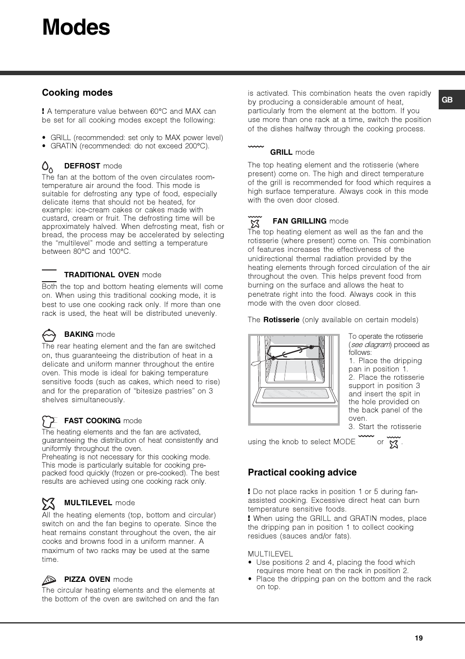 Modes | Hotpoint Ariston Luce FK 83 X-HA User Manual | Page 19 / 72