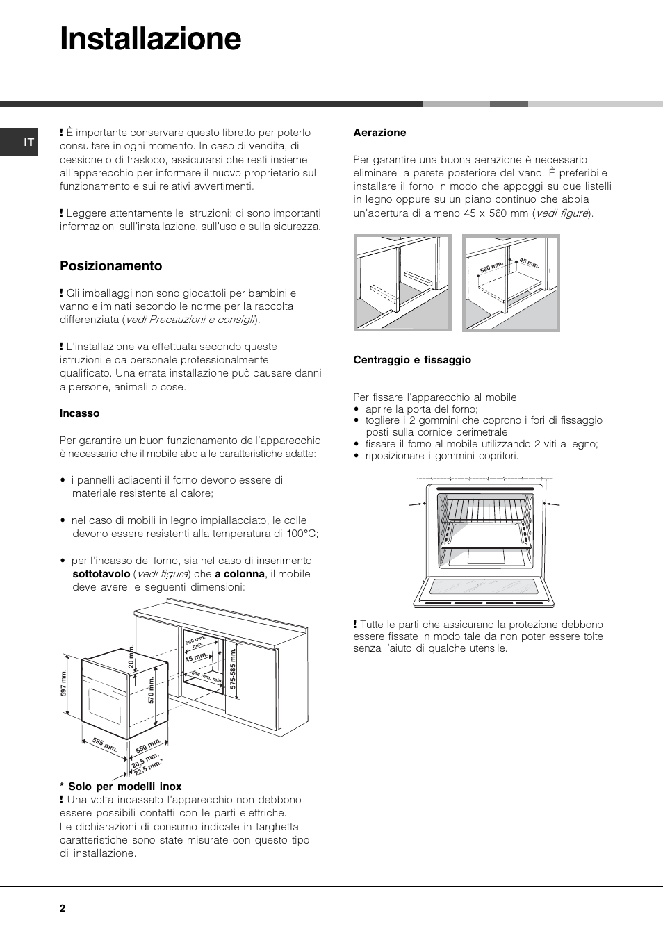 Installazione, Posizionamento | Hotpoint Ariston Luce FK 83 X-HA User Manual | Page 2 / 72