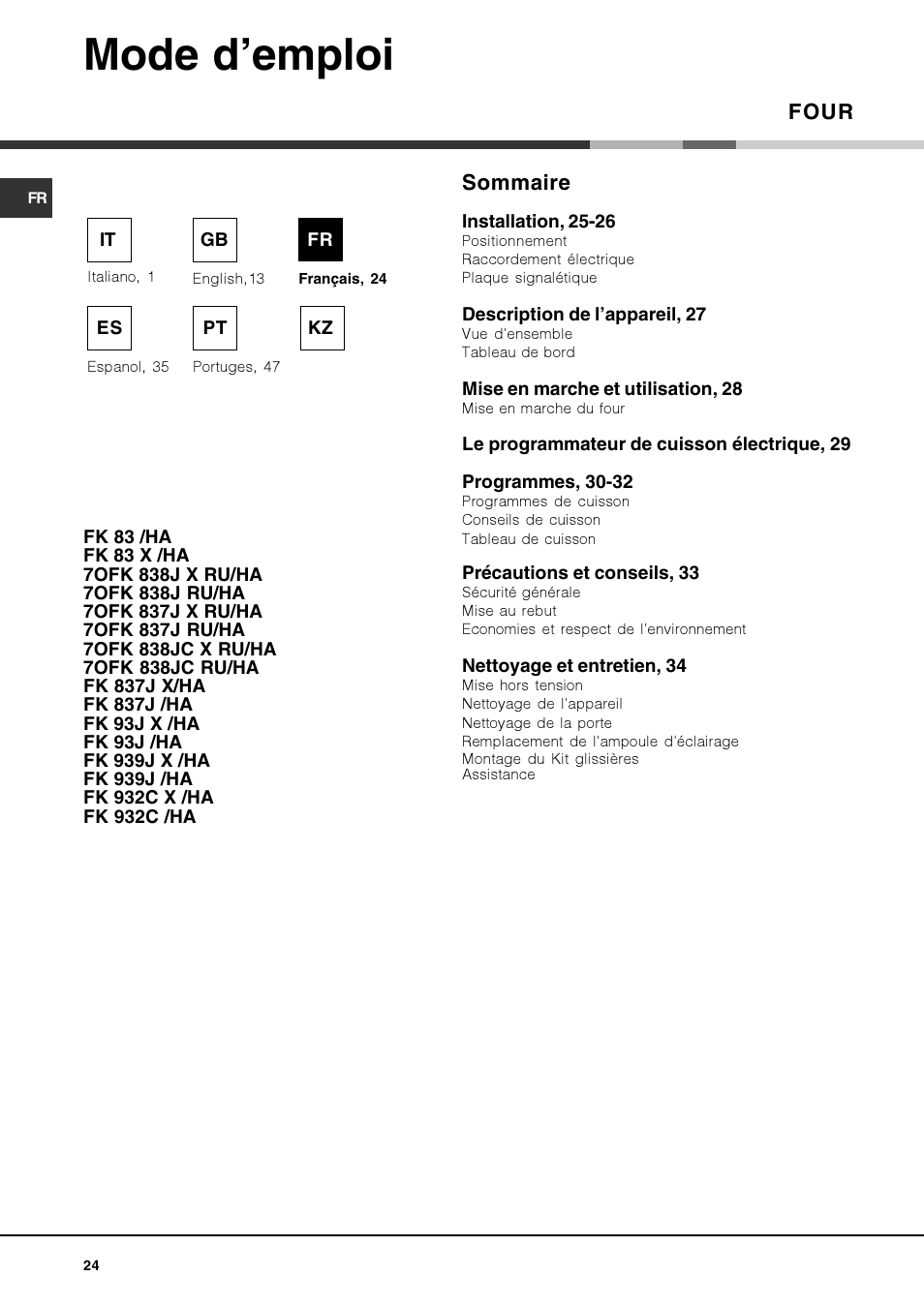 Mode d’emploi, Four, Sommaire | Hotpoint Ariston Luce FK 83 X-HA User Manual | Page 24 / 72