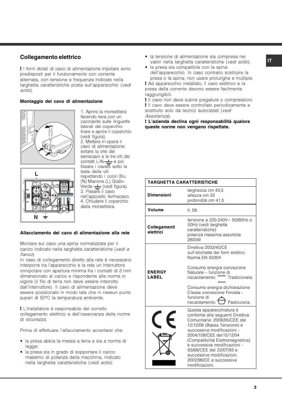 Collegamento elettrico | Hotpoint Ariston Luce FK 83 X-HA User Manual | Page 3 / 72