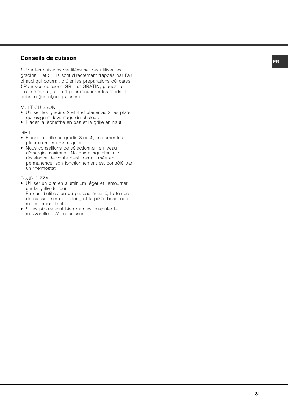 Conseils de cuisson | Hotpoint Ariston Luce FK 83 X-HA User Manual | Page 31 / 72