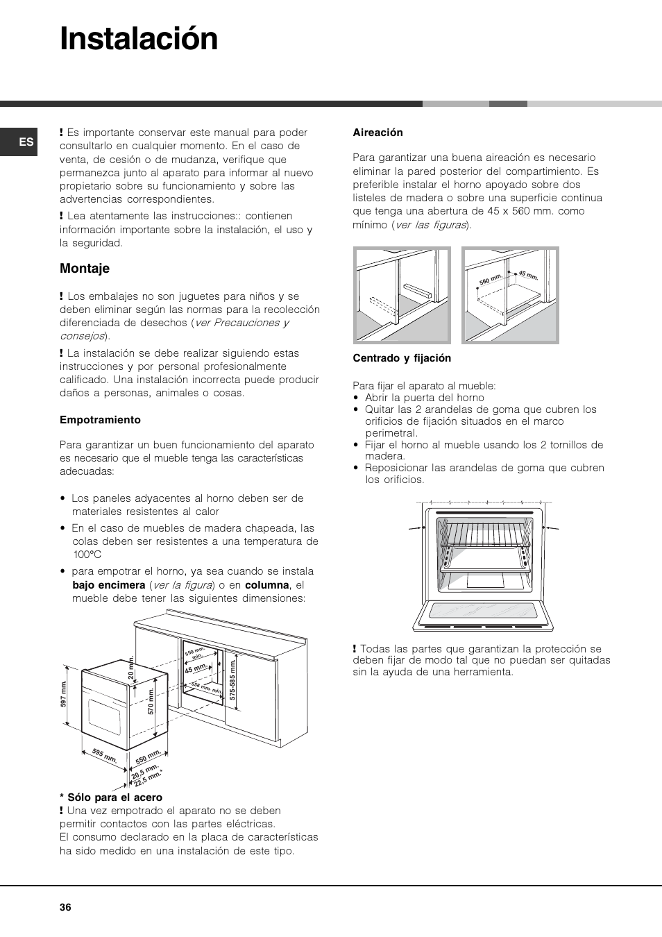 Instalación, Montaje | Hotpoint Ariston Luce FK 83 X-HA User Manual | Page 36 / 72