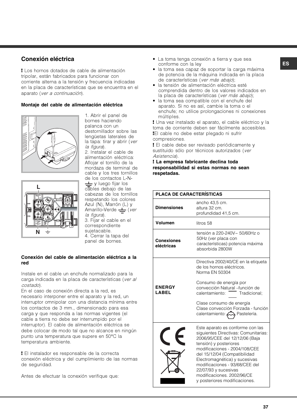 Conexión eléctrica | Hotpoint Ariston Luce FK 83 X-HA User Manual | Page 37 / 72