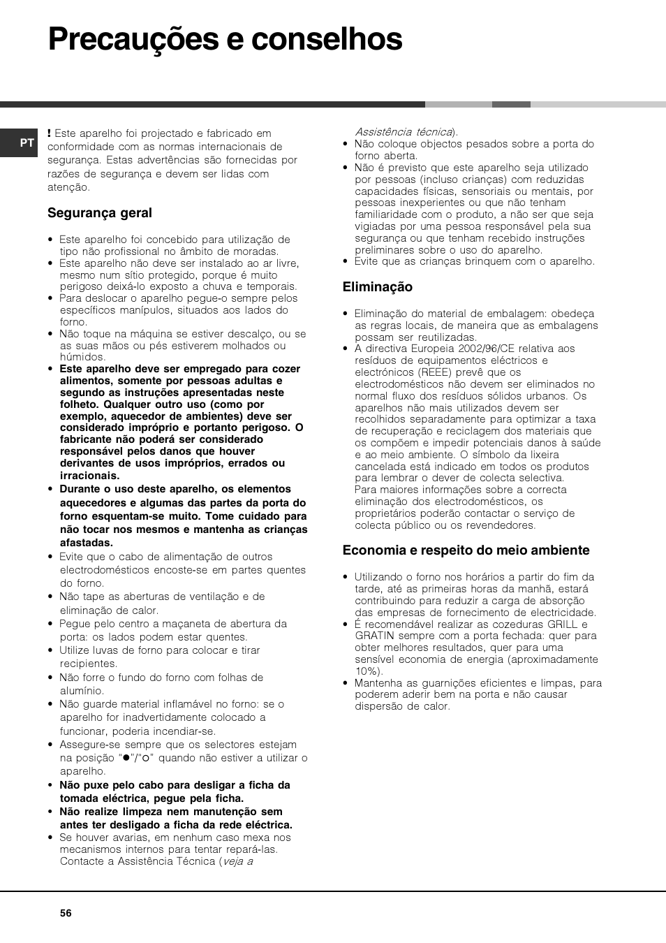 Precauções e conselhos | Hotpoint Ariston Luce FK 83 X-HA User Manual | Page 56 / 72