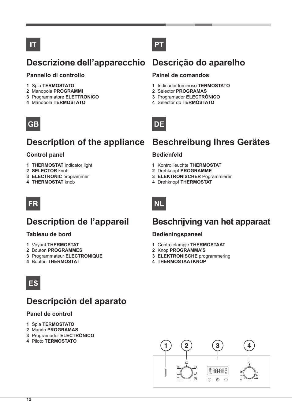 Descrizione dell’apparecchio, Description of the appliance, Description de l’appareil | Descripción del aparato, Descrição do aparelho, Beschreibung ihres gerätes, Beschrijving van het apparaat | Hotpoint Ariston Style FHS 536 IX-HA User Manual | Page 12 / 84