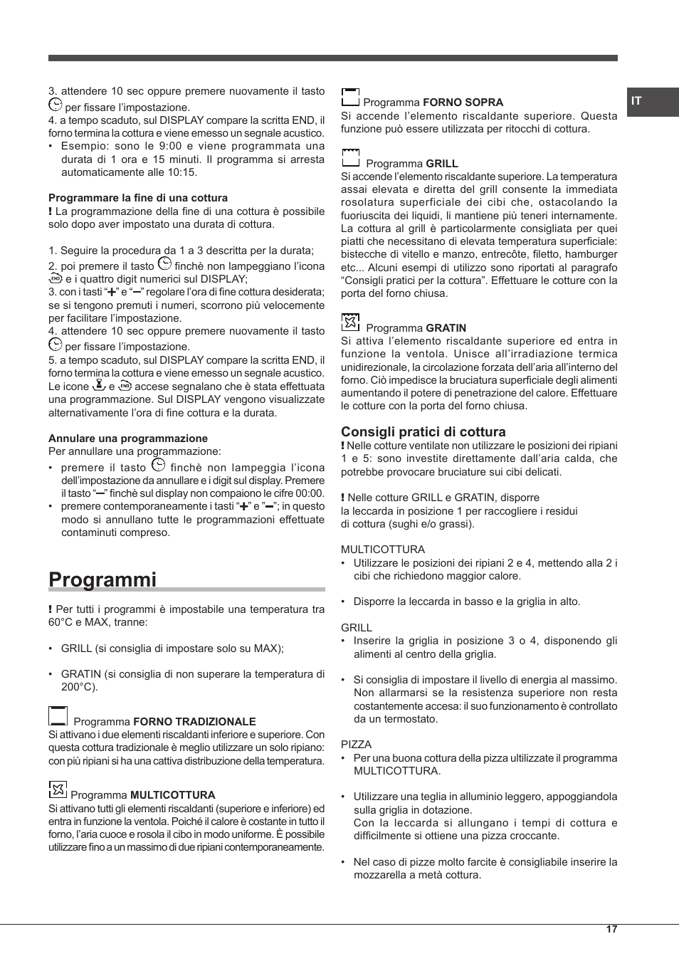 Programmi, Consigli pratici di cottura | Hotpoint Ariston Style FHS 536 IX-HA User Manual | Page 17 / 84