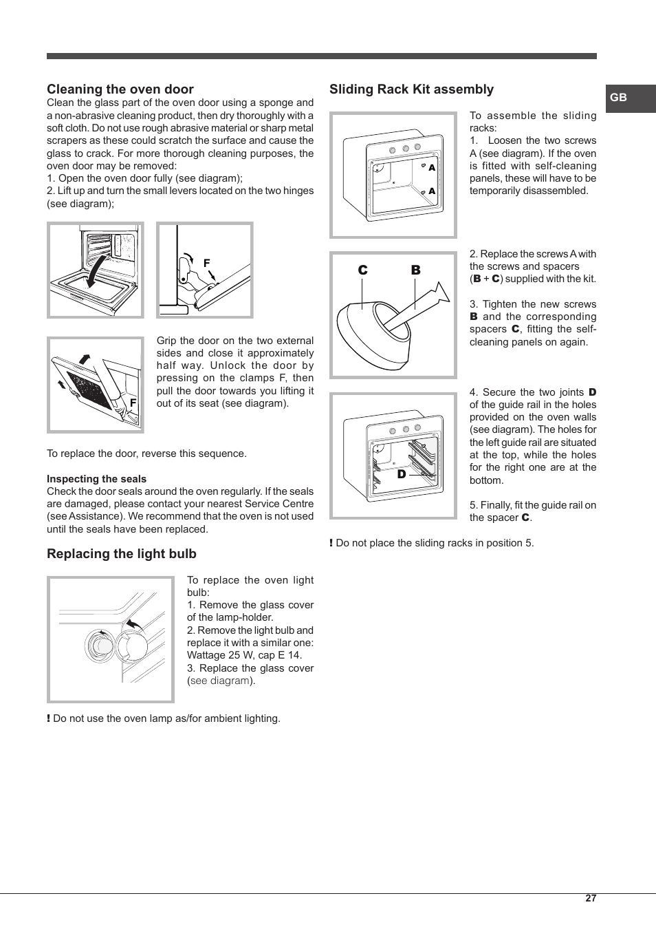 Cleaning the oven door, Replacing the light bulb, Sliding rack kit assembly | Hotpoint Ariston Style FHS 536 IX-HA User Manual | Page 27 / 84