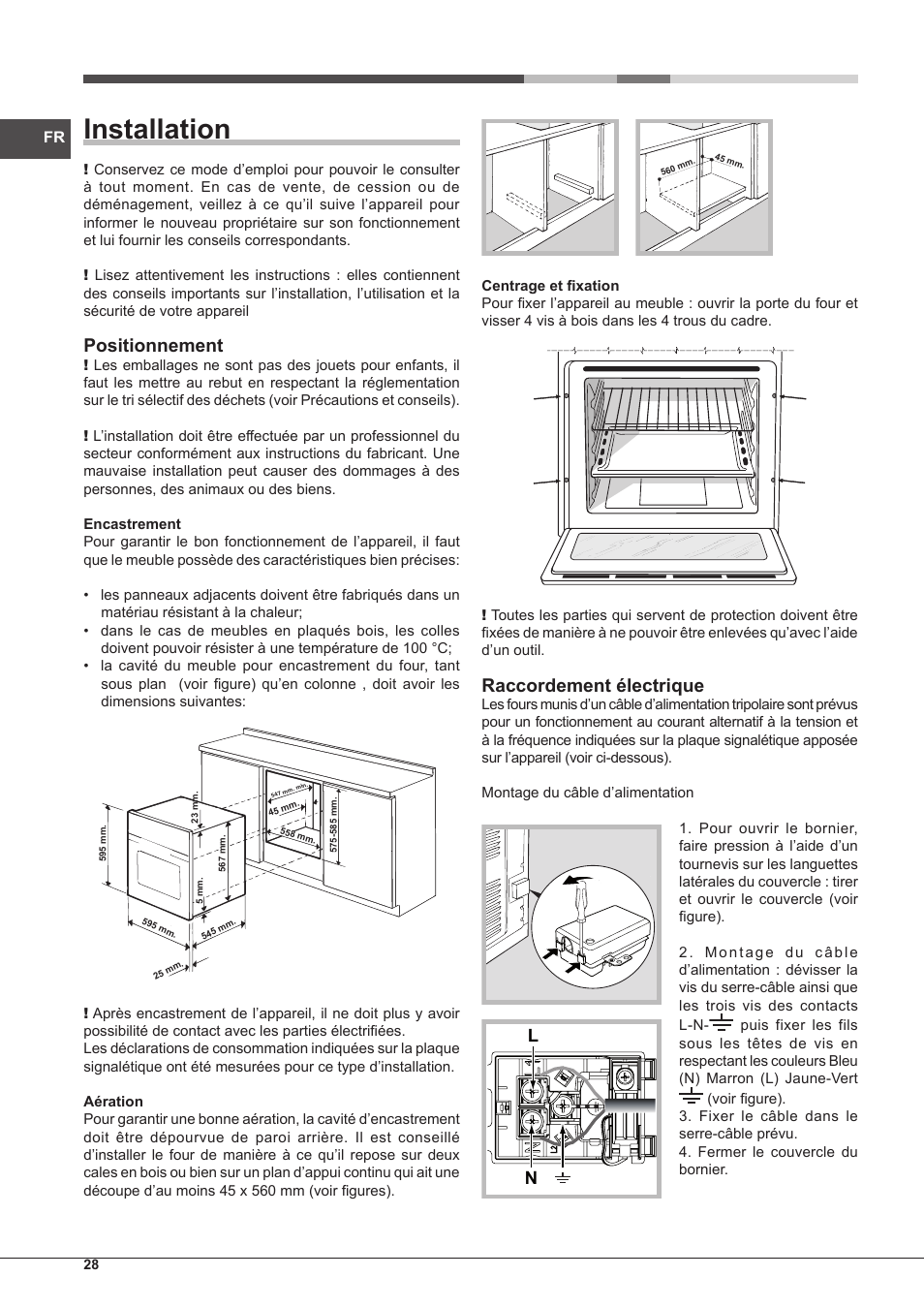Installation, Positionnement, Raccordement électrique | Hotpoint Ariston Style FHS 536 IX-HA User Manual | Page 28 / 84