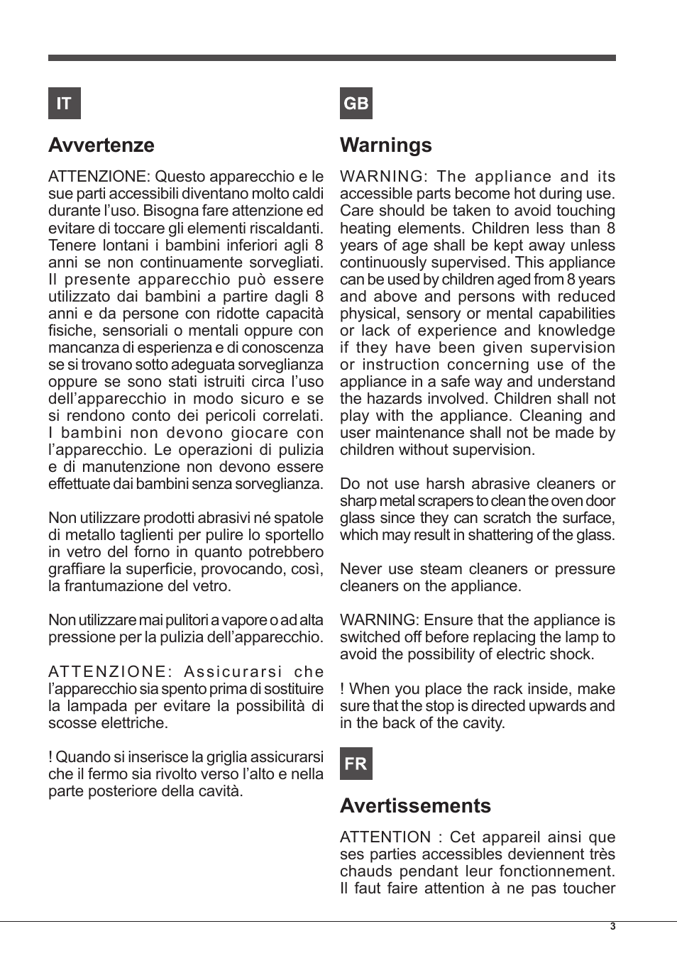 Avvertenze, Warnings, Avertissements | Hotpoint Ariston Style FHS 536 IX-HA User Manual | Page 3 / 84