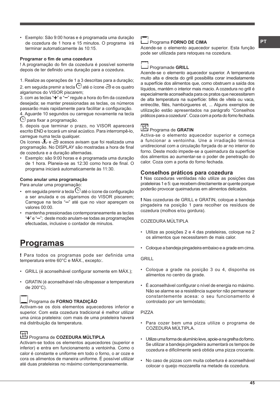 Programas, Conselhos práticos para cozedura | Hotpoint Ariston Style FHS 536 IX-HA User Manual | Page 45 / 84