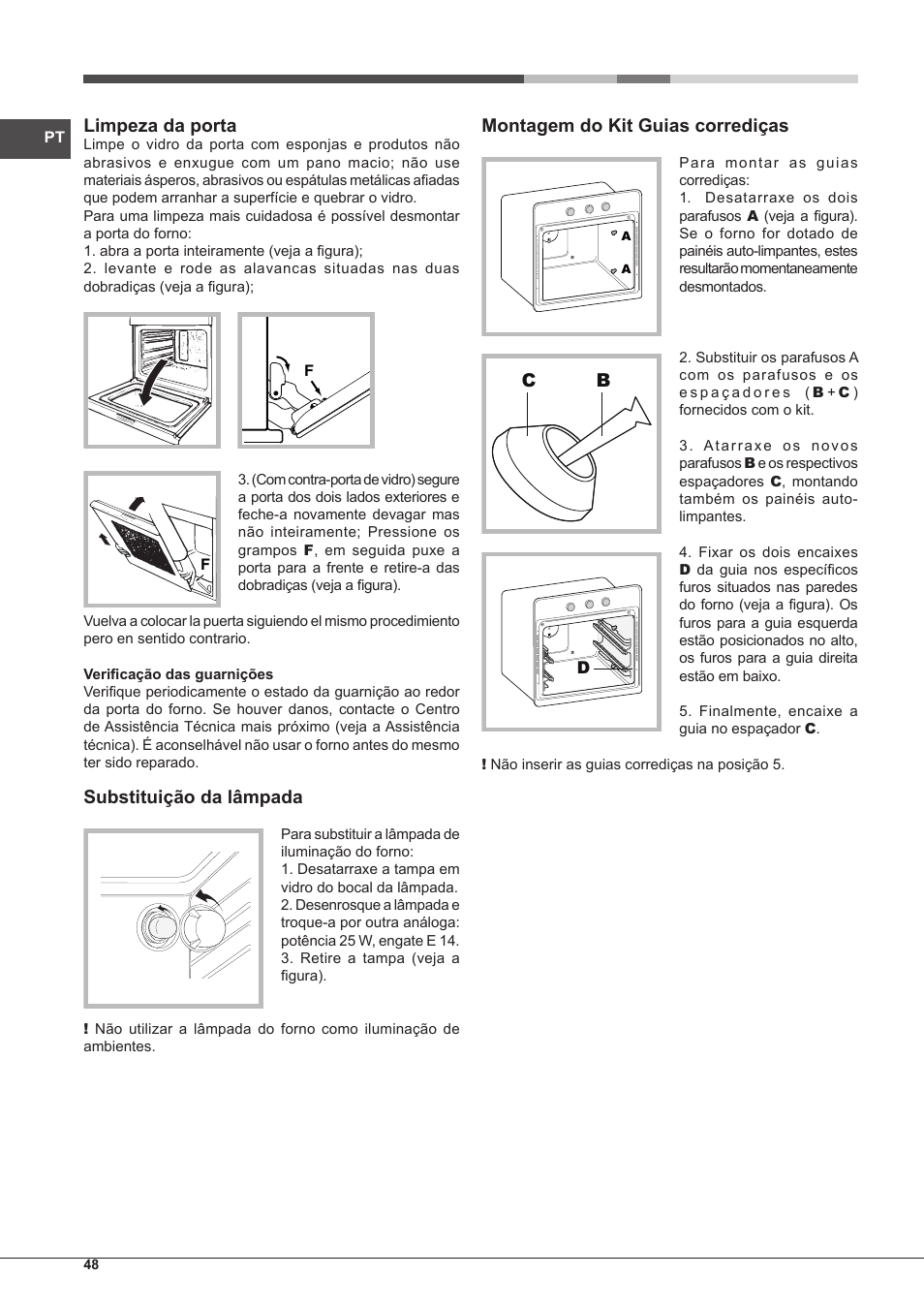 Limpeza da porta, Substituição da lâmpada, Montagem do kit guias corrediças | Hotpoint Ariston Style FHS 536 IX-HA User Manual | Page 48 / 84