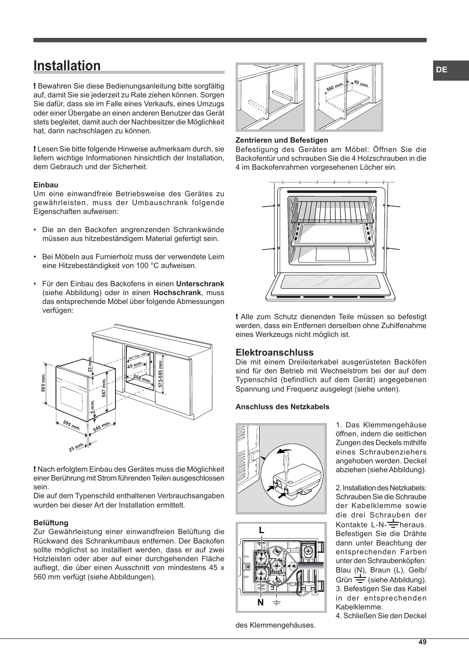 Installation, Elektroanschluss | Hotpoint Ariston Style FHS 536 IX-HA User Manual | Page 49 / 84