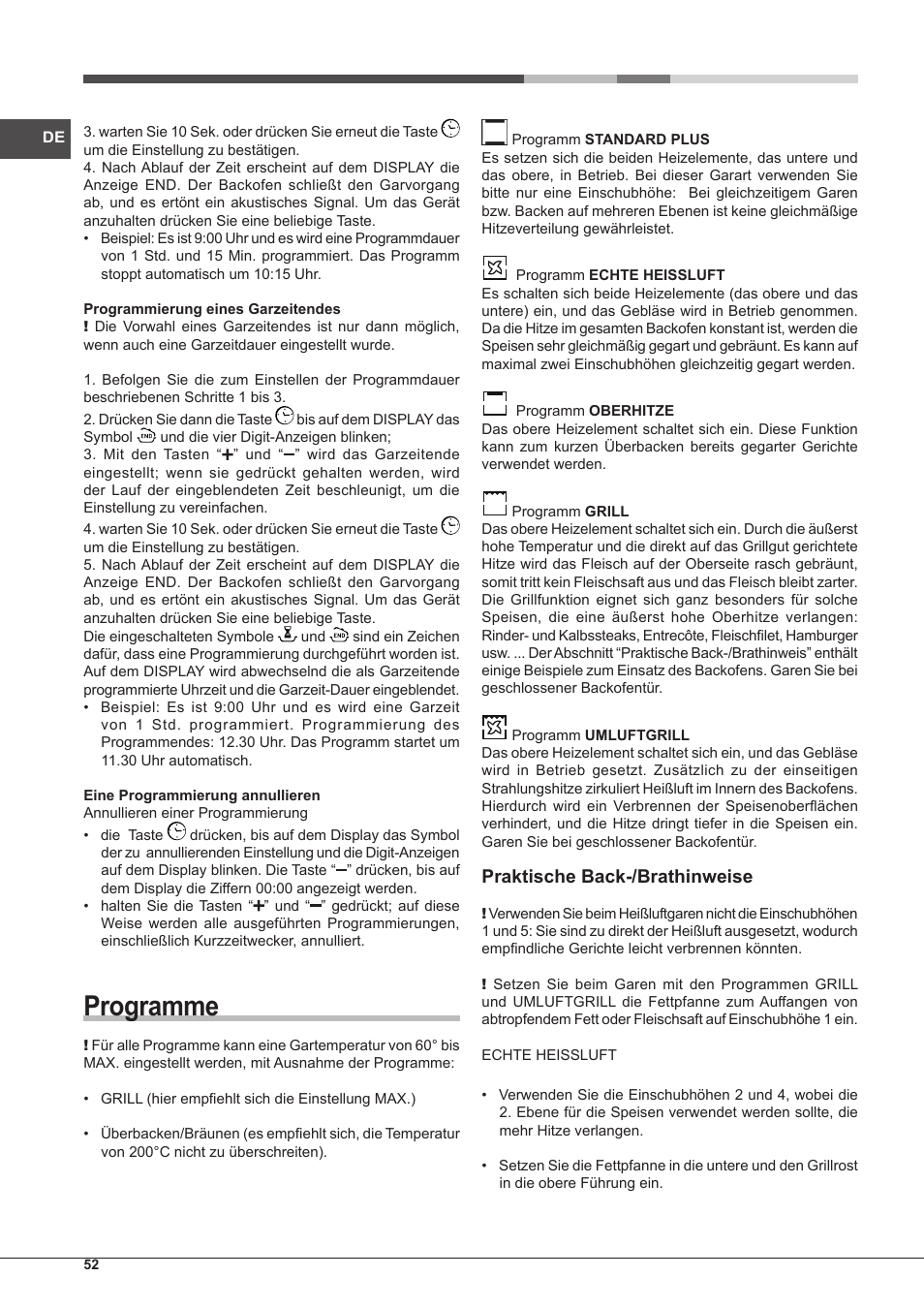 Programme, Praktische back-/brathinweise | Hotpoint Ariston Style FHS 536 IX-HA User Manual | Page 52 / 84