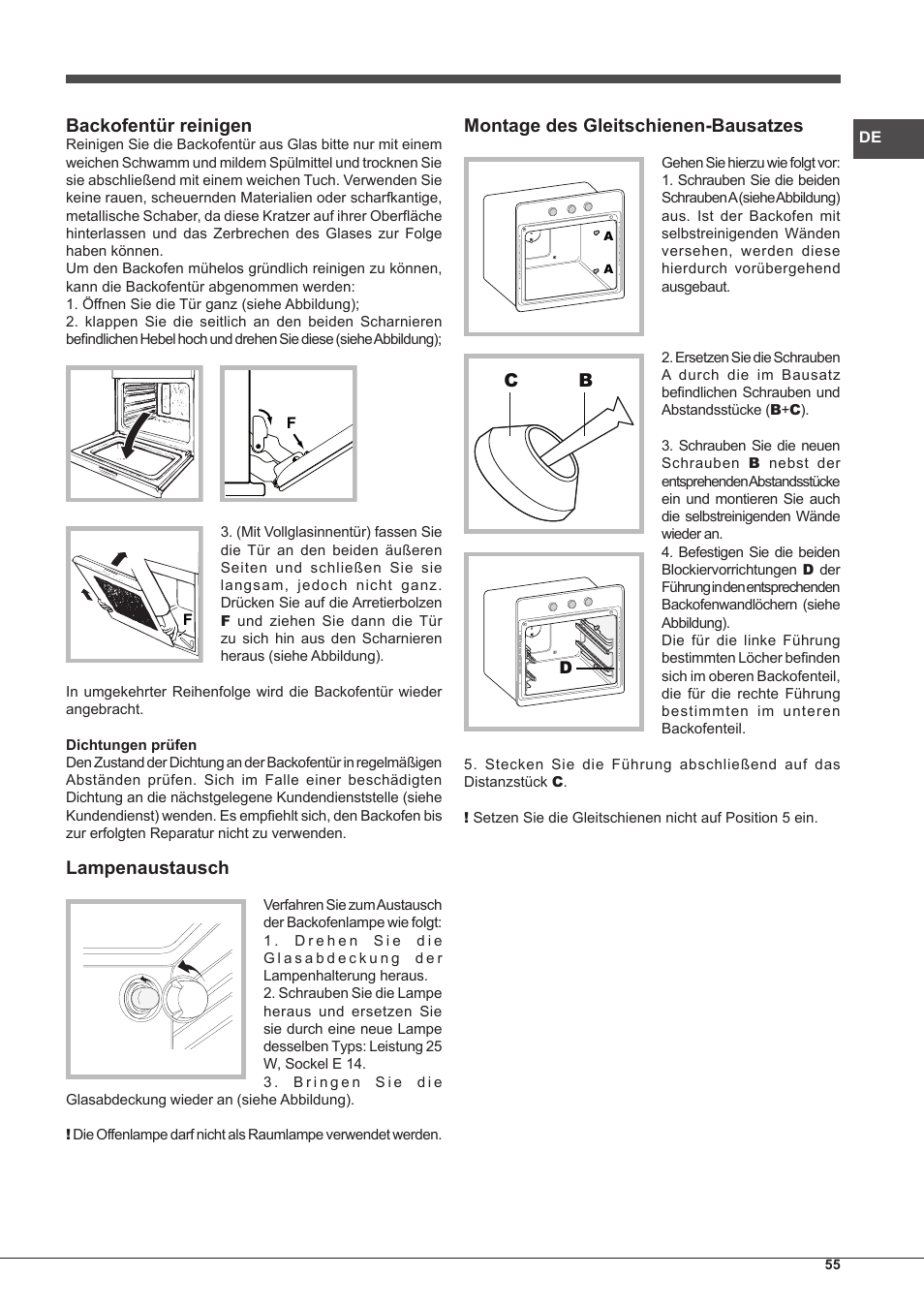 Backofentür reinigen, Lampenaustausch, Montage des gleitschienen-bausatzes | Hotpoint Ariston Style FHS 536 IX-HA User Manual | Page 55 / 84